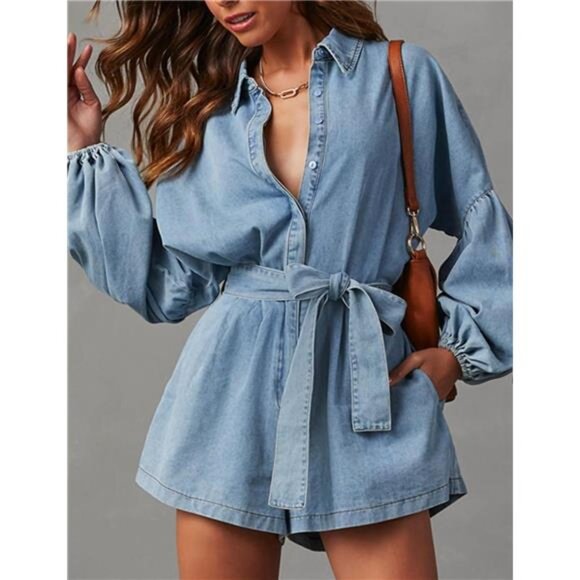 Women's Casual Denim Romper - Picture 3 of 7
